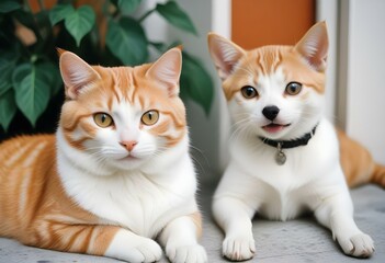 A cute orange tabby cat and a white puppy with black spots sitting together and smiling