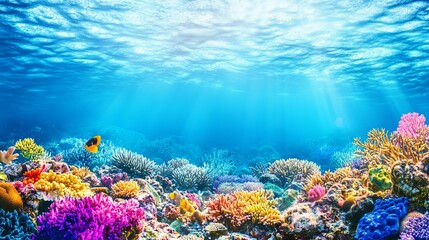 Fototapeta na wymiar Enchanting Underwater Scene with Vibrant Coral Reefs and Diverse Marine Life, Highlighting the Breathtaking Beauty and Biodiversity of the Ocean Ecosystem