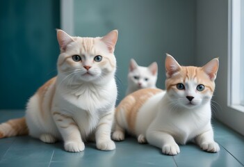 Fototapeta premium A cute orange tabby cat and a white puppy with black spots sitting together and smiling