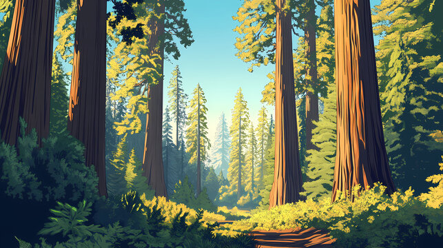 Tall forest of giant sequoias in national park - a majestic redwood landscape. Redwood Forest. Illustration