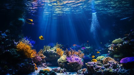 Naklejka premium Enchanting Underwater Scene with Vibrant Coral Reefs and Diverse Marine Life, Highlighting the Breathtaking Beauty and Biodiversity of the Ocean Ecosystem