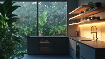 Modern kitchen with dark cabinets, a sink, and a window overlooking a lush garden.