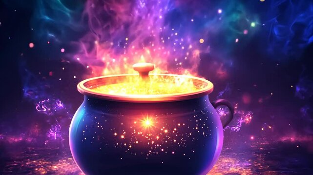 A colorful cauldron brews magical sparks in a vibrant cosmic background at midnight