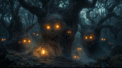 Dark Forest with Glowing Eyes and Lantern