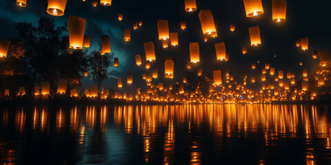 lanterns hanging in the air at night, Ai generated images