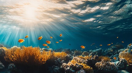 Fototapeta premium Enchanting Underwater Scene with Vibrant Coral Reefs and Diverse Marine Life, Highlighting the Breathtaking Beauty and Biodiversity of the Ocean Ecosystem