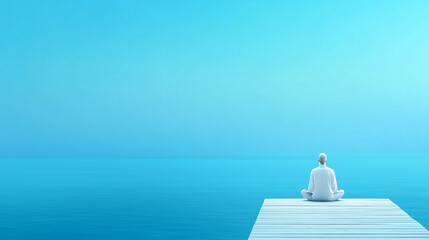Person meditating peacefully on a dock overlooking calm waters