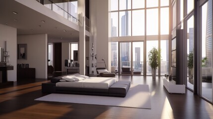 Fototapeta premium Modern bedroom with large windows and city views.