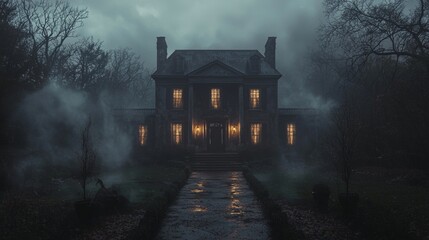 Obraz premium Mysterious Old Mansion in Foggy Forest at Night
