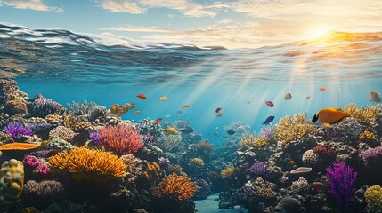 Naklejka premium Enchanting Underwater Scene with Vibrant Coral Reefs and Diverse Marine Life, Highlighting the Breathtaking Beauty and Biodiversity of the Ocean Ecosystem