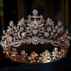 Obraz premium A gold and diamond tiara crown gleams against a black background, exuding royal luxury.