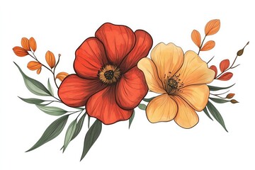 Vibrant floral arrangement featuring red and yellow flowers with delicate green leaves, perfect for decoration or design projects.