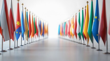 Obraz premium International flags wave in unity, representing diverse nations and global collaboration.