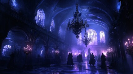 Mysterious Gothic Cathedral Interior with Silhouettes and Chandeliers