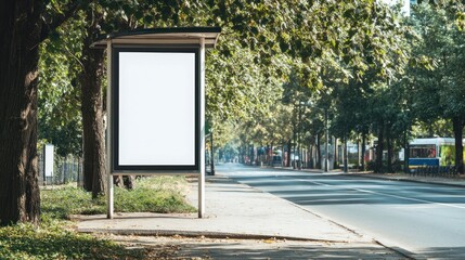 Blank billboard mockup on a city street with trees.