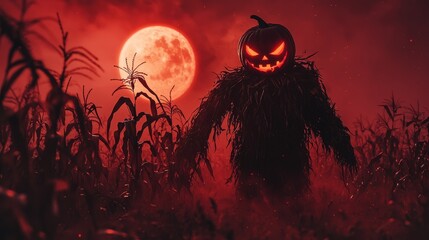 Halloween Pumpkin Scarecrow In Cornfield Under Blood Moon