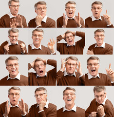 Set Of Senior Man's Emotional Portraits Gesturing And Expressing Different Emotions Posing Over...