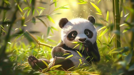 Cute Panda Cub Eating Bamboo in a Lush Forest