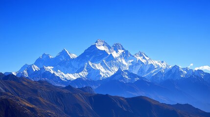 Obraz premium Majestic snow-capped mountain range under clear blue sky, showcasing the breathtaking beauty of towering peaks, pristine wilderness, and serene natural landscape. High resolution, perfect for nature, 