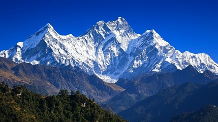 Majestic snow-capped mountain range under clear blue sky, showcasing the breathtaking beauty of towering peaks, pristine wilderness, and serene natural landscape. High resolution, perfect for nature, 