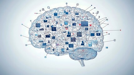 An abstract brain network with digital icons and connections visualizes the intersection of business and technology.