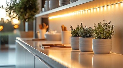 Modern, bright kitchen with sleek, smooth countertops and minimal utensils, showcasing a clean, elegant space