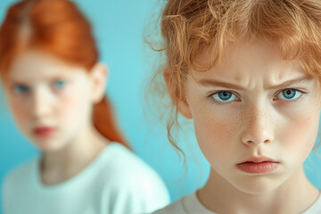 Two girls with contrasting expressions against a blue backdrop