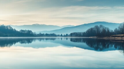Fototapeta premium Serene panoramic view of a tranquil lake at sunrise, reflecting the soft hues of the sky and surrounding majestic mountains.