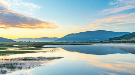 Fototapeta premium Serene panoramic view of a tranquil lake at sunrise, reflecting the soft hues of the sky and surrounding majestic mountains.