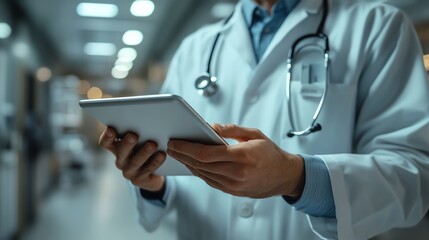 Medical professional reviewing patient data on a tablet, modern hospital environment, closeup shot
