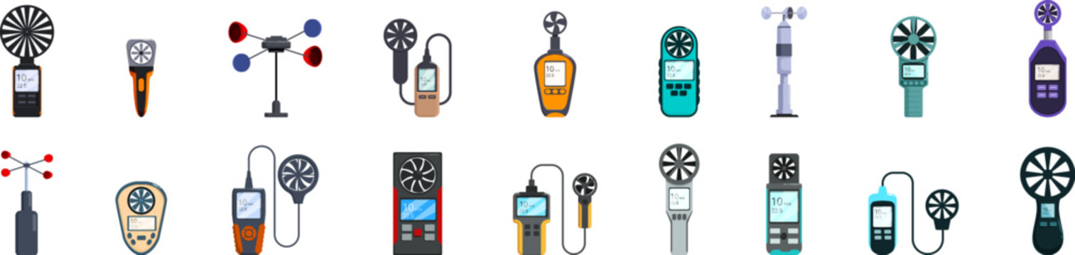 Anemometer icons set. Collection of anemometers showing wind speed measurement in different ways