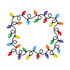 Simple decorative Christmas lights in flat style. Square shape frame. Vector design of lightbulb garland. Decorative element for xmas cards, invitations, banners, posters