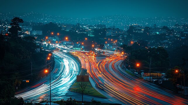 A time-lapse photo of city traffic at night, showcasing bright light trails on a busy highway and the illuminated urban skyline in the background.