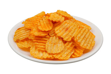 Potato chips in white plate isolated transparent
