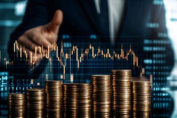 Businessman giving thumbs up behind stacks of coins with financial stock market graph, concept of investment and economic growth.