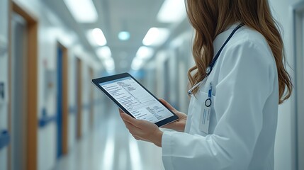 Medical professional in a white coat using a digital tablet in a modern hospital hallway, highlighting the role of technology in healthcare.