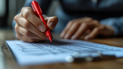 Hands holding a red marker while reviewing a quality assurance checklist, closeup of the process