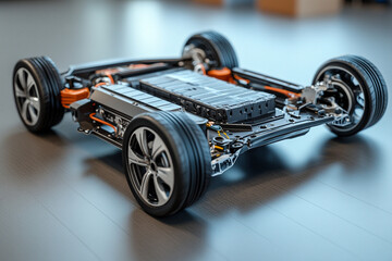 Close-up of an electric car chassis revealing battery pack and engine components, highlighting clean energy technology and eco-friendly innovation.
