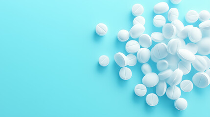 White pills scattered on a blue background for medical use