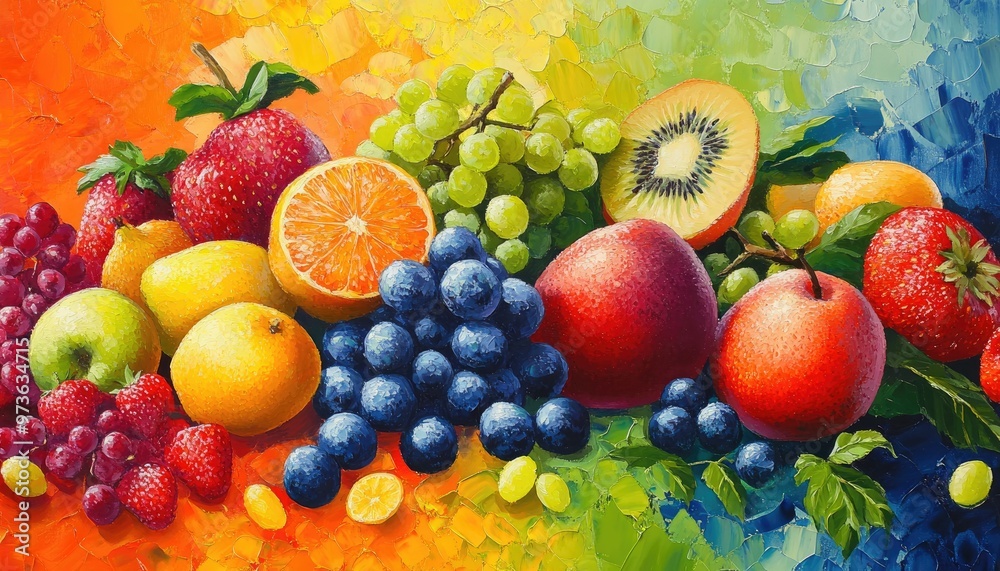 Wall mural Vibrant oil painting featuring an assortment of fresh fruits promoting a healthy lifestyle with a colorful fruit themed background