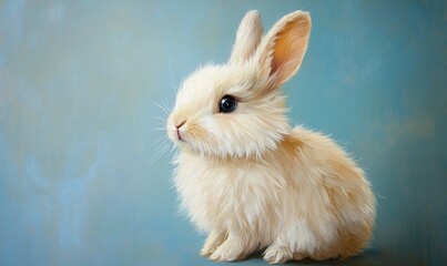 Fototapeta premium Adorable fluffy rabbit depicted in an oil painting against a blue background showcasing the theme of cute animals