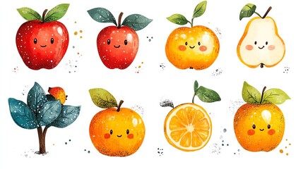 Cute hand-drawn fruits illustration featuring smiling apple, pear, and orange. Adorable and colorful, perfect for kids' designs.