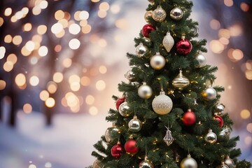 Obraz premium Enchanting Christmas Tree Decorated with Glittering Ornaments and Beautiful Bokeh Lights in a Soft Focus Background