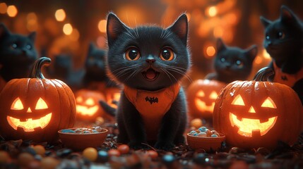Naklejka premium Cute black kittens surrounded by Halloween pumpkins and treats.