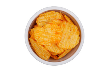 Potato chips in white bowl isolated transparent