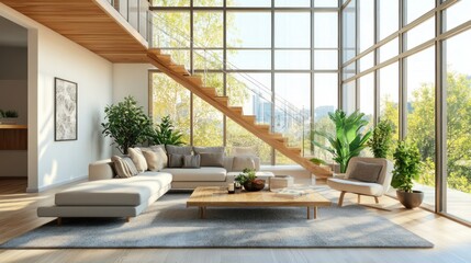 Fototapeta premium Modern living room with a large window, a sofa, and a wooden coffee table.