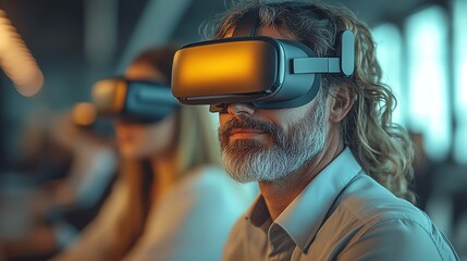 Corporate team collaborating via VR headsets in a modern office space, bright tones and futuristic atmosphere