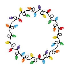 Circle simple decorative Christmas lights in flat style. Round shape frame. Vector design of lightbulb garland. Decorative element for xmas cards, invitations, banners, posters
