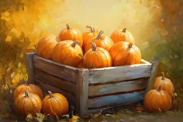 Oil painting depicting gentle autumn light illuminating a wooden bin filled with decorative pumpkins on a quaint hobby farm