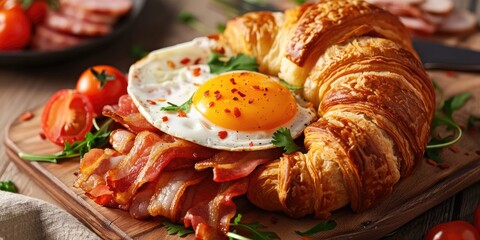 Nourishing breakfast or brunch assortment featuring a gourmet croissant with egg, bacon, and salami. A delicious and fulfilling dish or snack, complemented by a freshly baked French croissant layered